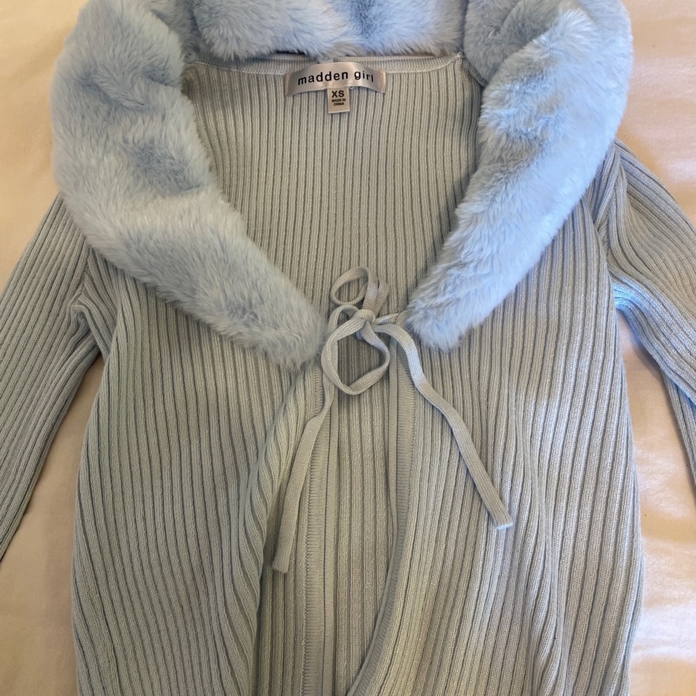 Madden Girl Light Blue Sweater with Faux Fur Collar